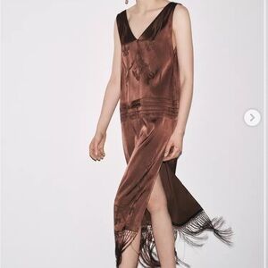 Zara Brown Embroidered Midi Dress with Fringe